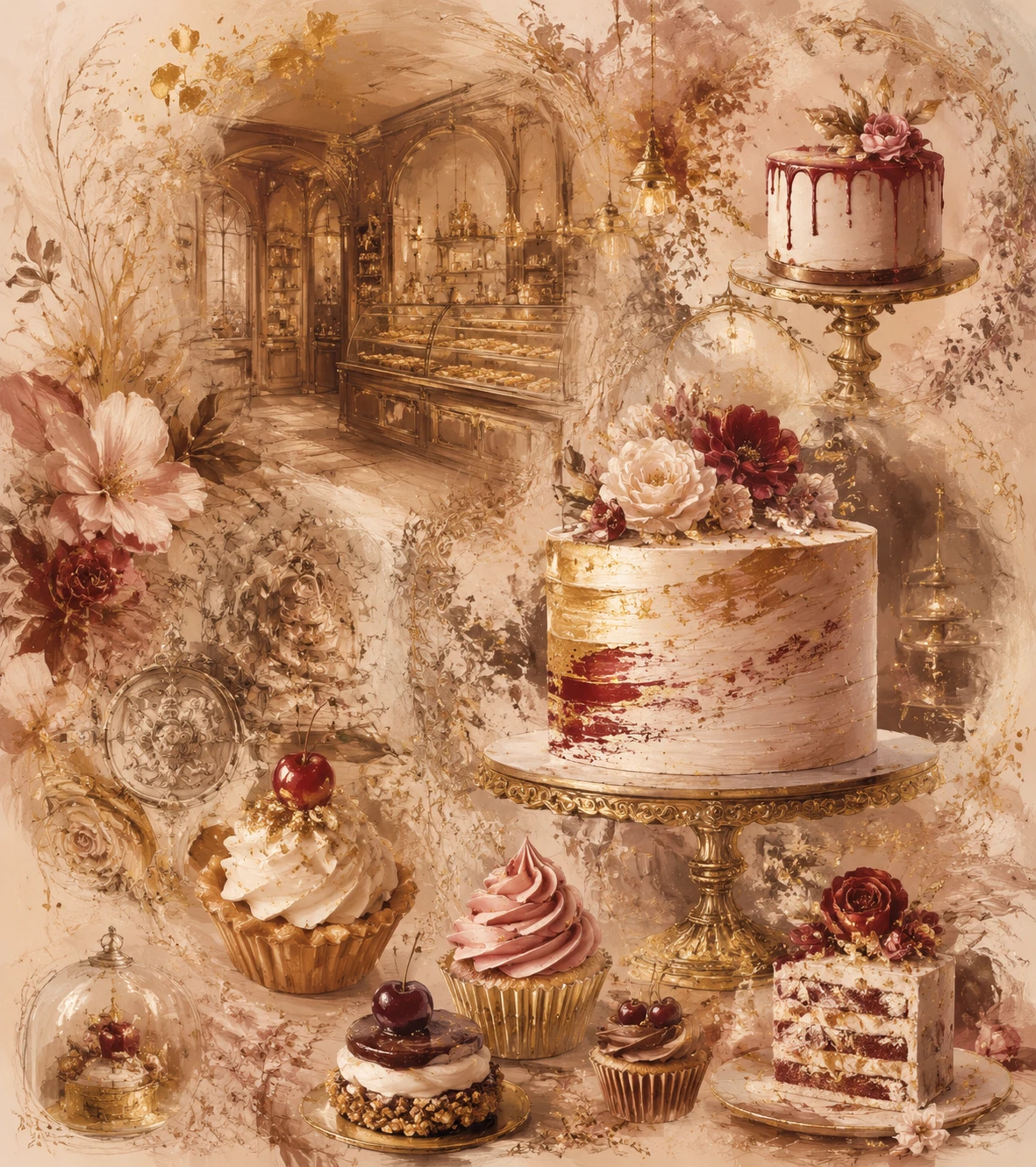 Elegant cake and pastry moodboard in fine art style