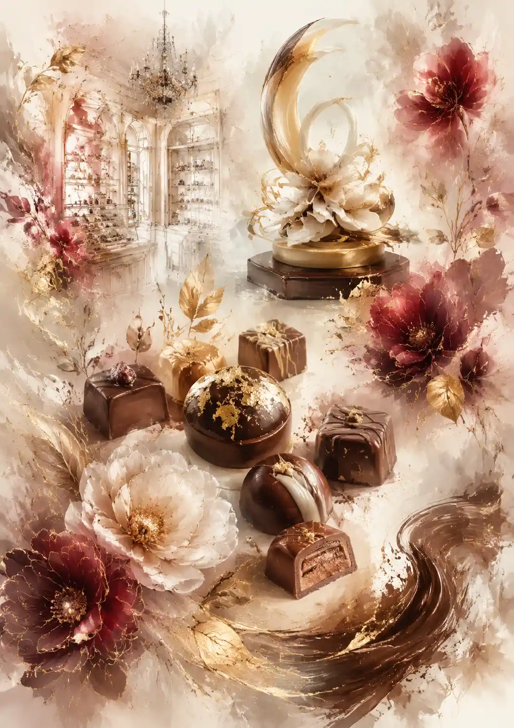 Elegant chocolate praline moodboard with floral gold accents
