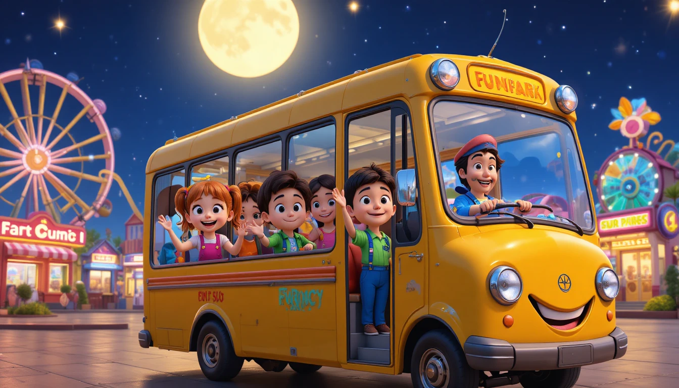 Cheerful Yellow Park Bus With Kids In 3D Cartoon Style