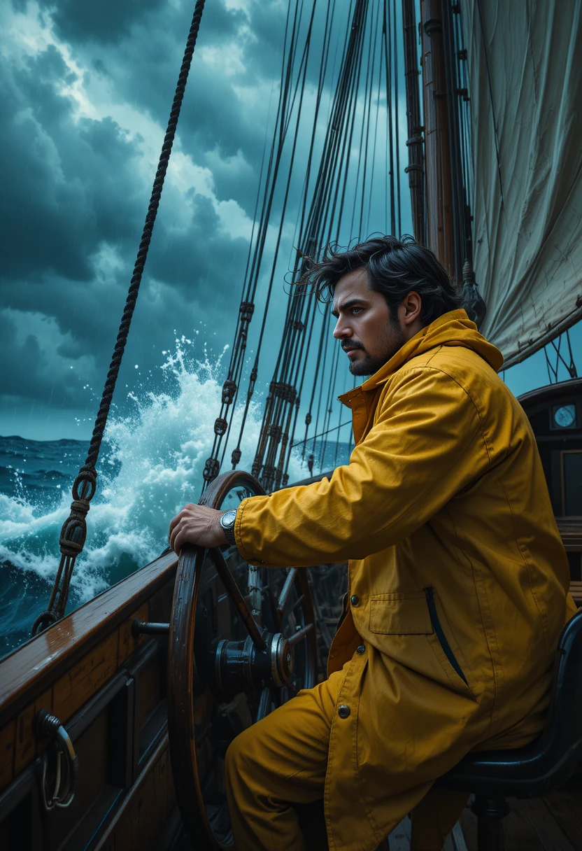Ship captain steering through stormy seas in heavy rain
