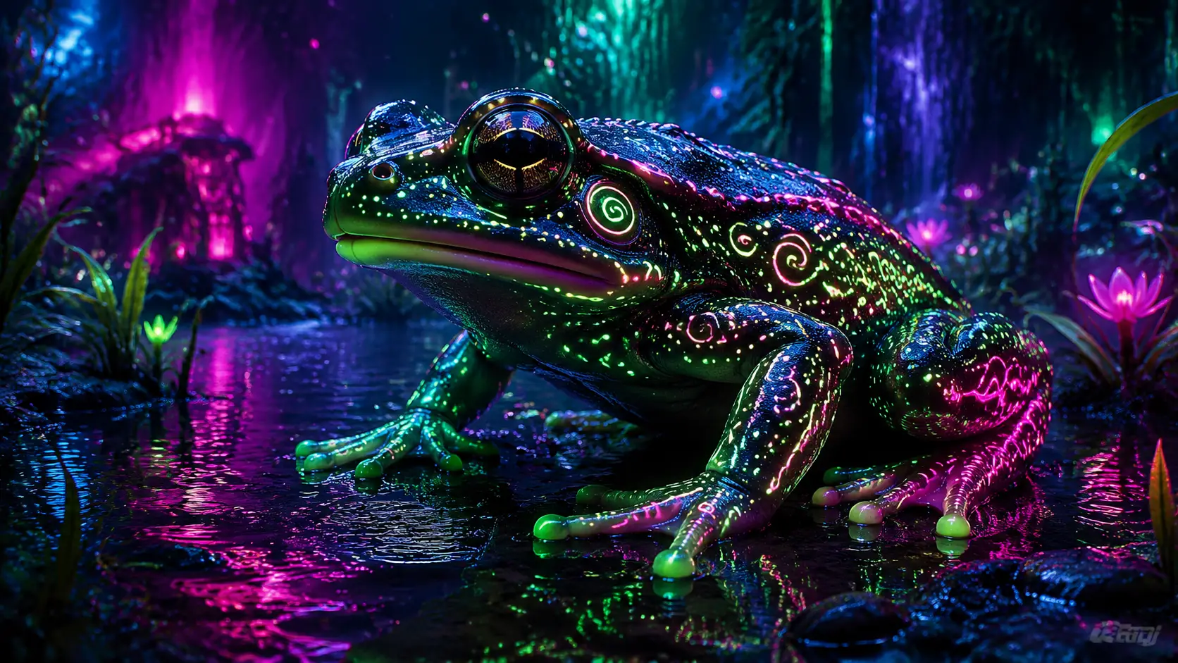 Glowing Amphibian Creature In A Neon Swamp At Night