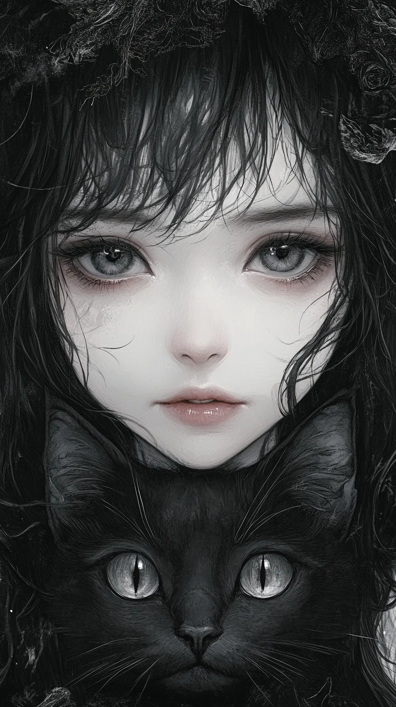 Gothic-Anime-Mädchen mit verborgenen überlappenden Gesichtern und Katze