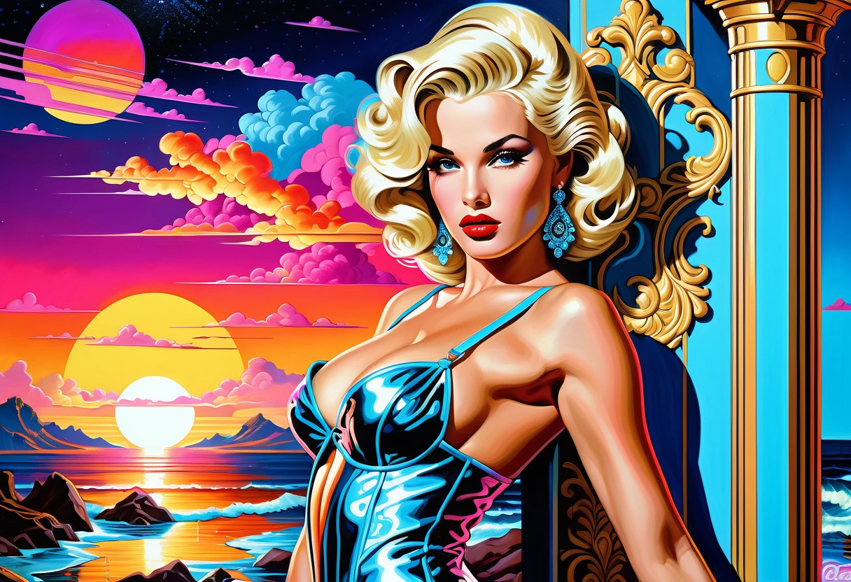 Pin-up bionda al neon in posa di sontuosa couture barocca