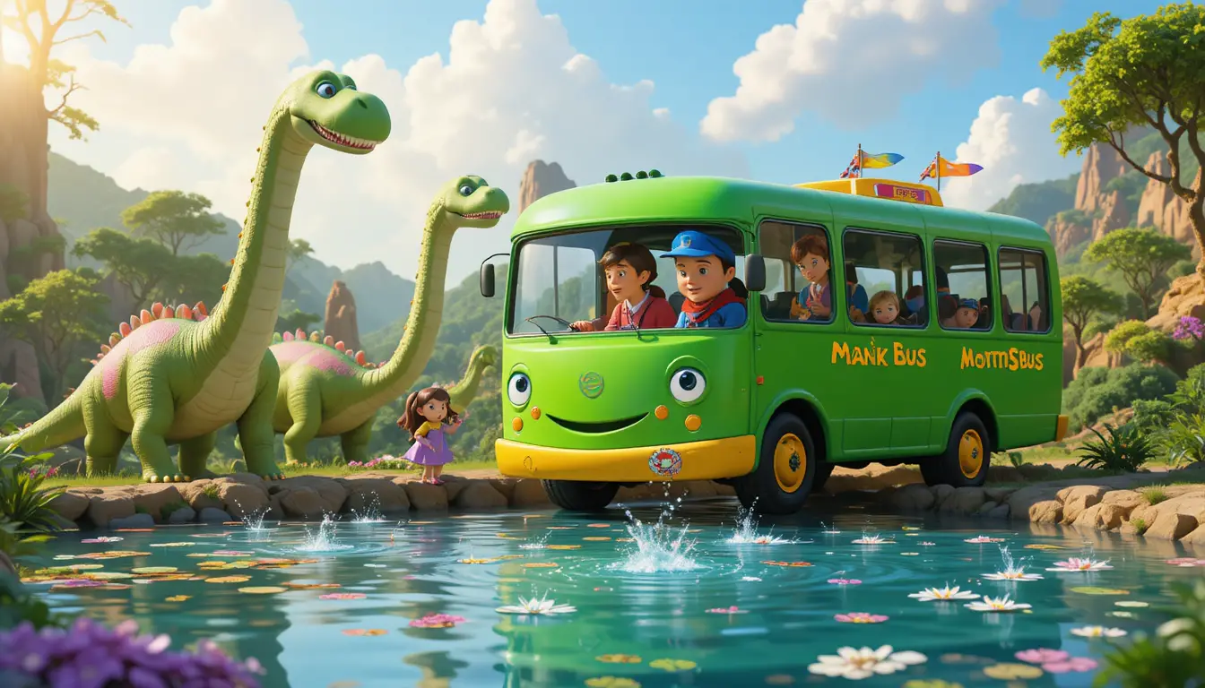 Green cartoon bus by a prehistoric pond with dinosaurs