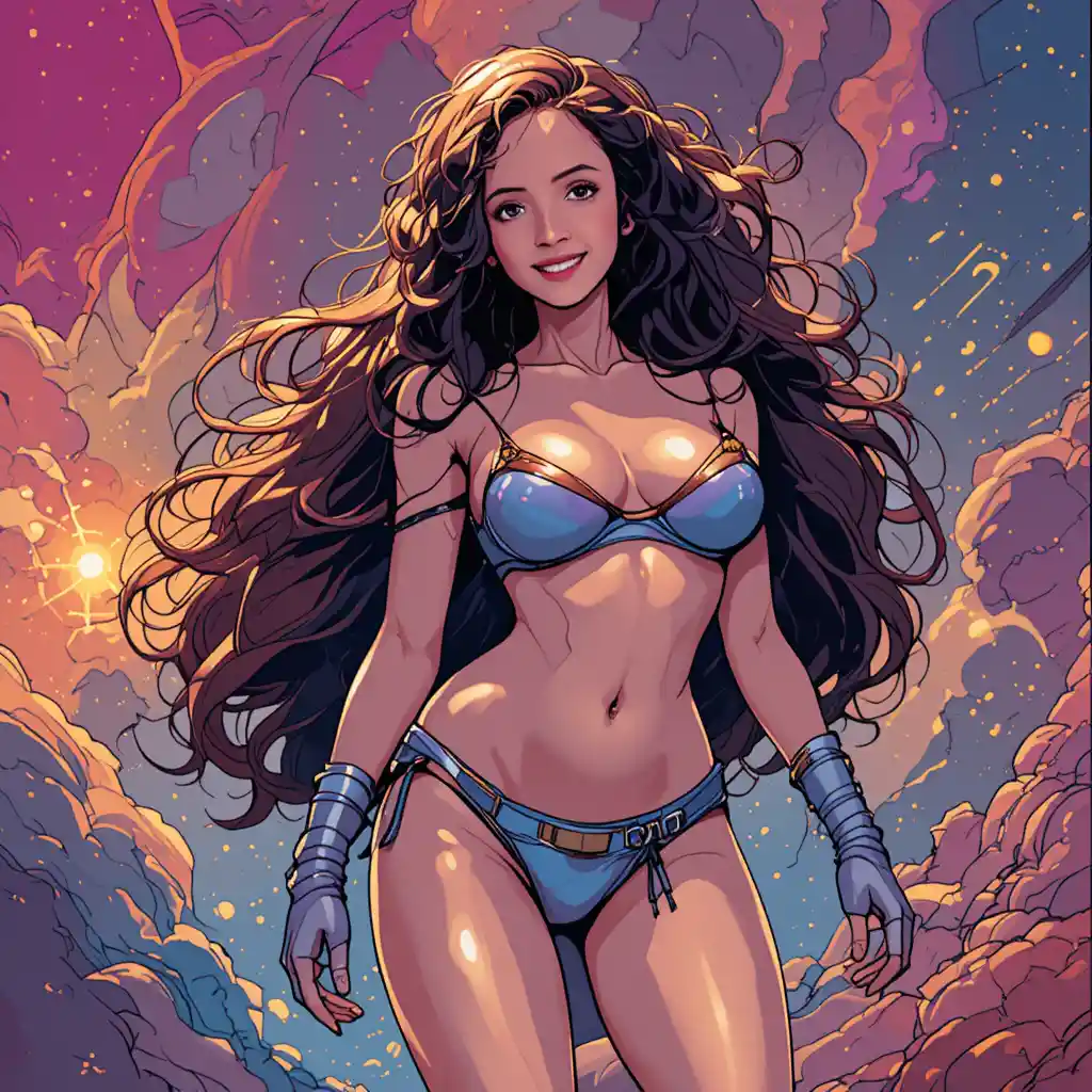 Dynamic sci fi woman in bold comic illustration style
