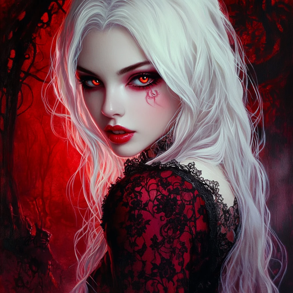 Pale vampire woman with glowing red eyes at gothic night