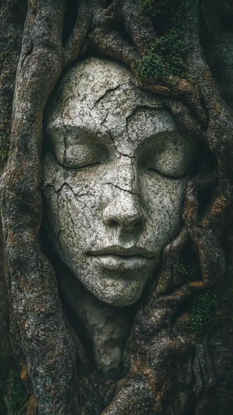 Marble statue entwined with tree roots forming a hidden face