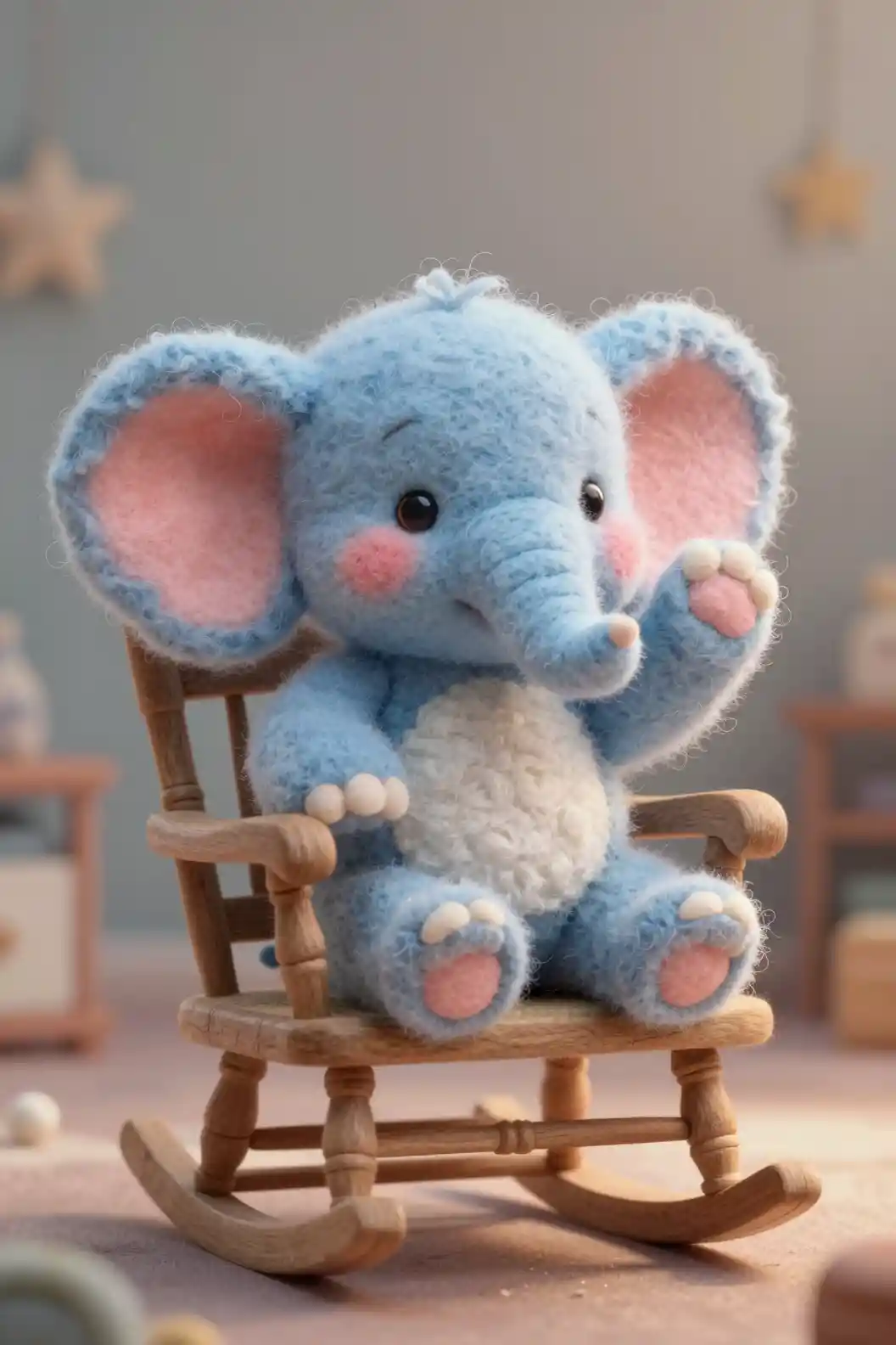 Cute felted blue baby elephant on a rocking chair