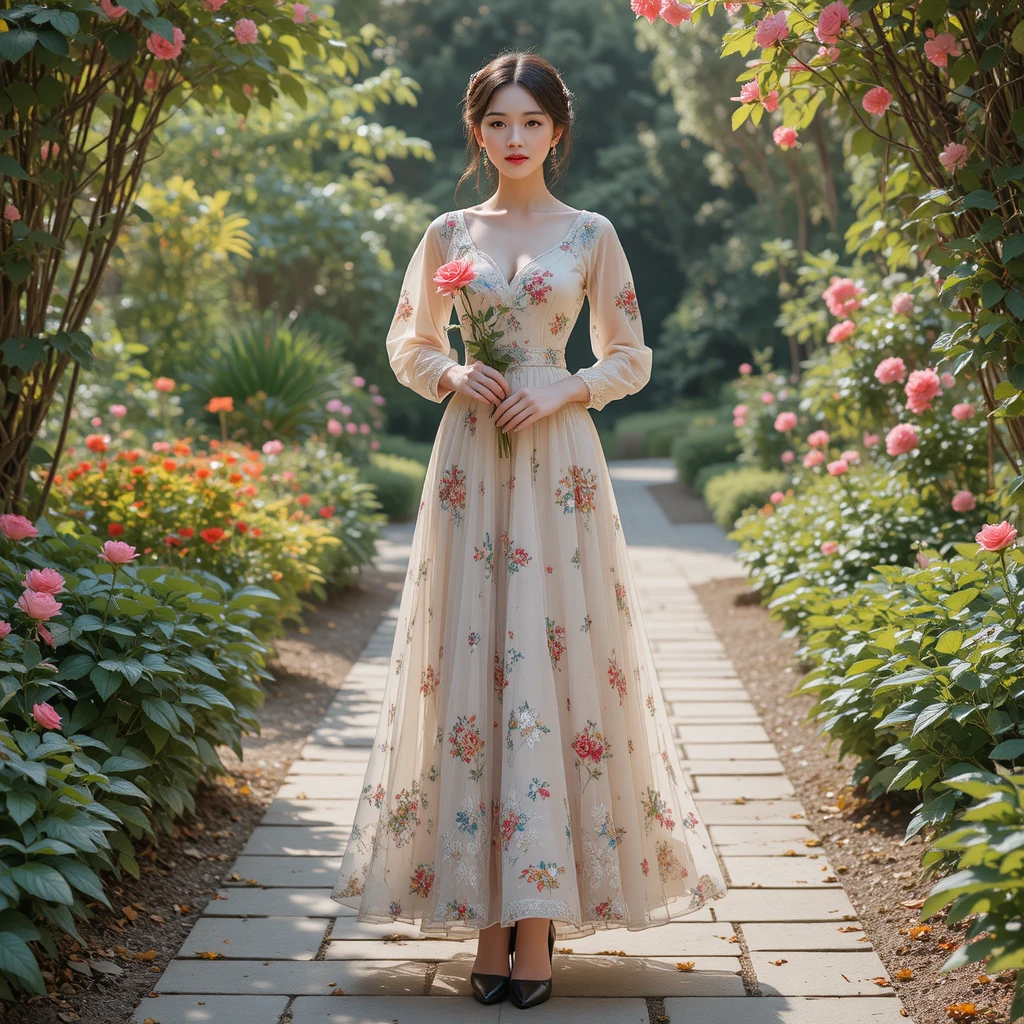 Girl in emerald dress holding a rose in a garden