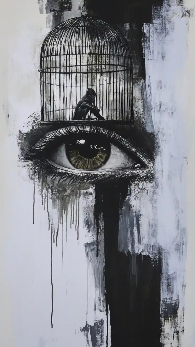 Single eye above small figure in stark abstract space