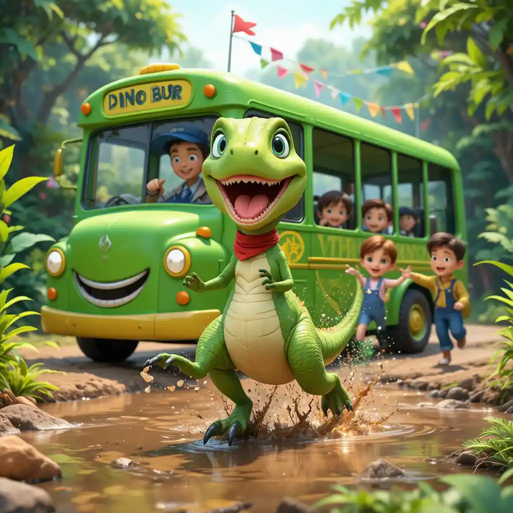 Baby dinosaur racing beside a smiling green bus