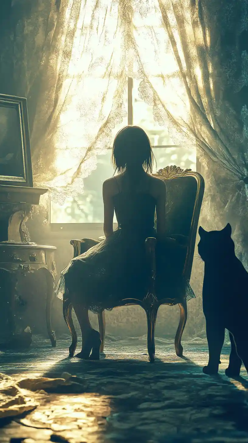 Anime girl sitting poised on a velvet chair