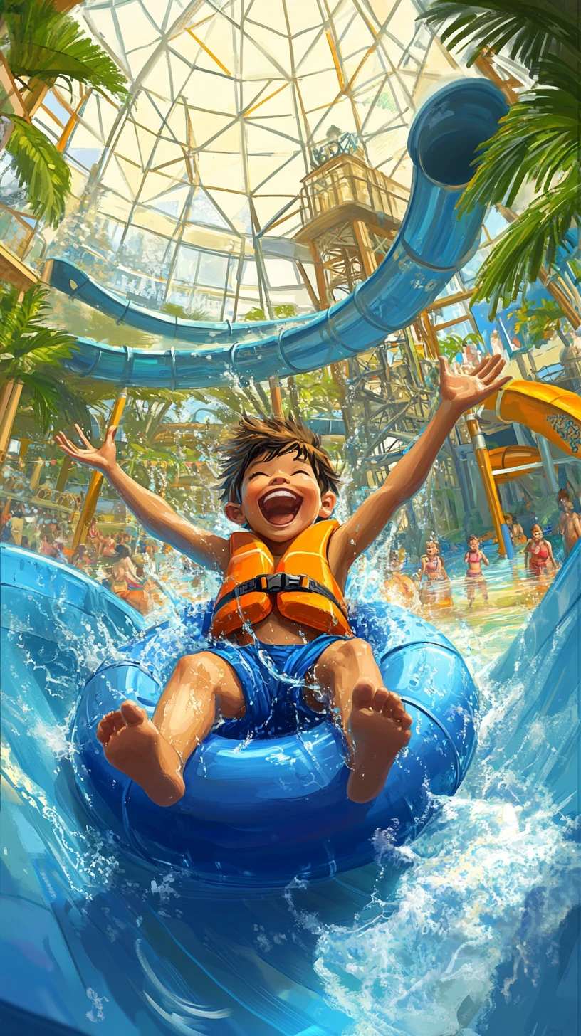 Laughing boy rides waterslide in tropical indoor park