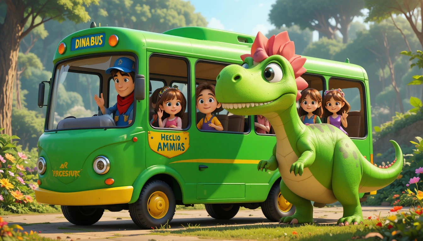 Friendly triceratops greeting children on a green dino bus