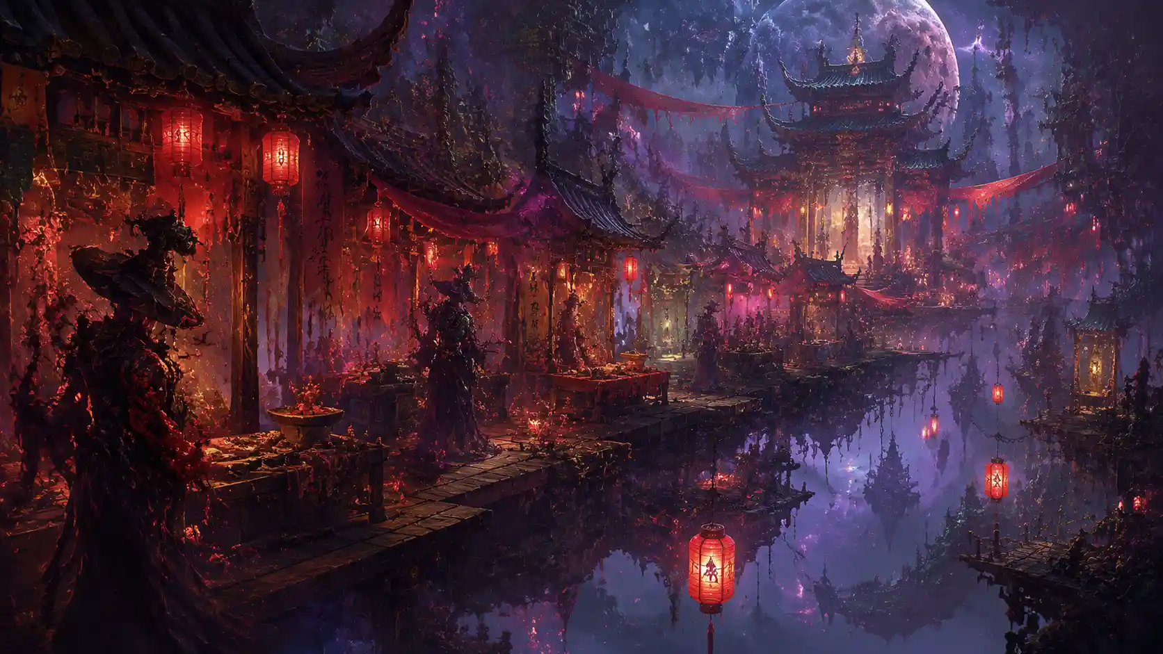 Floating night market with crimson lanterns in the sky