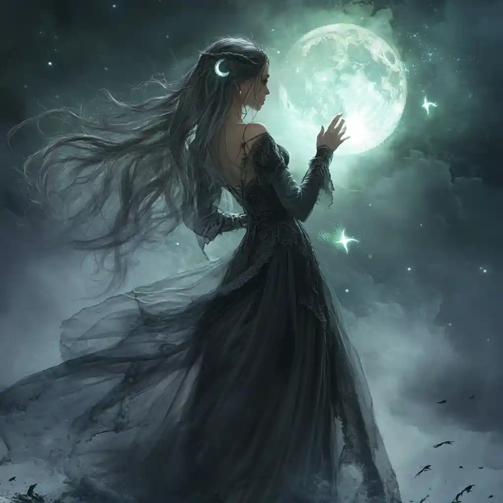 Mystic shaman woman with glowing runes in moonlight