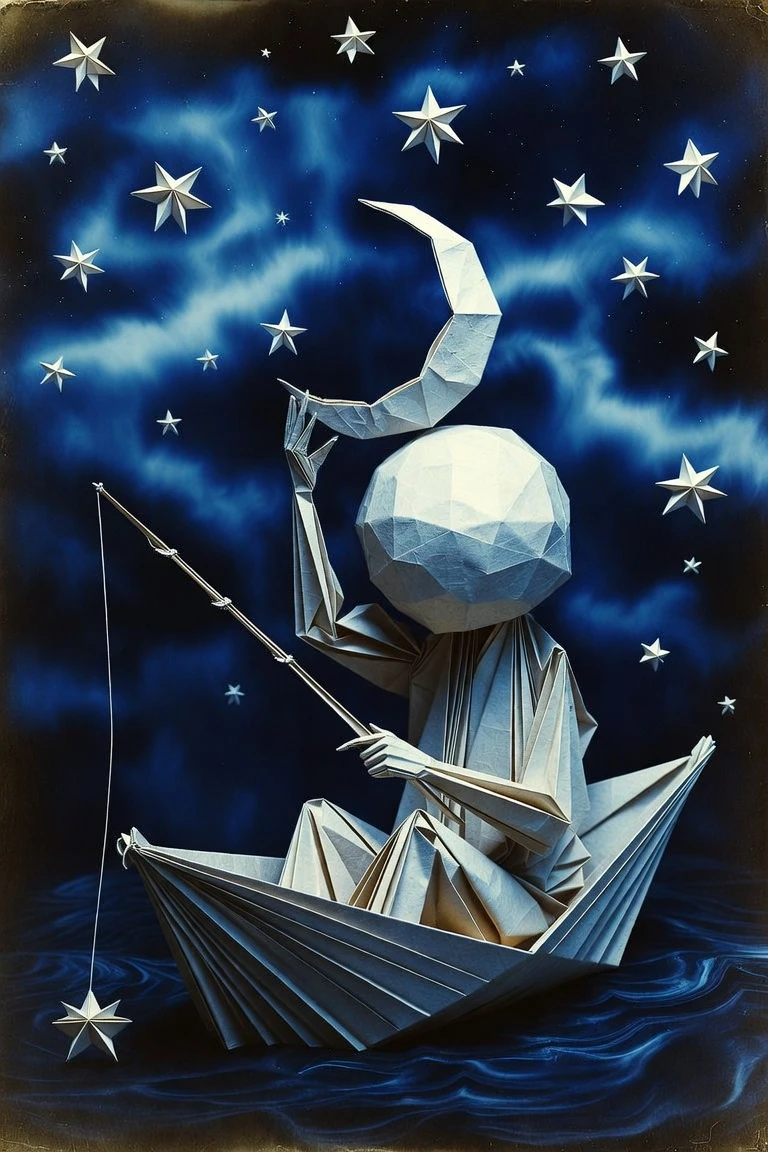 Origami man in a boat holding the moon and fishing stars