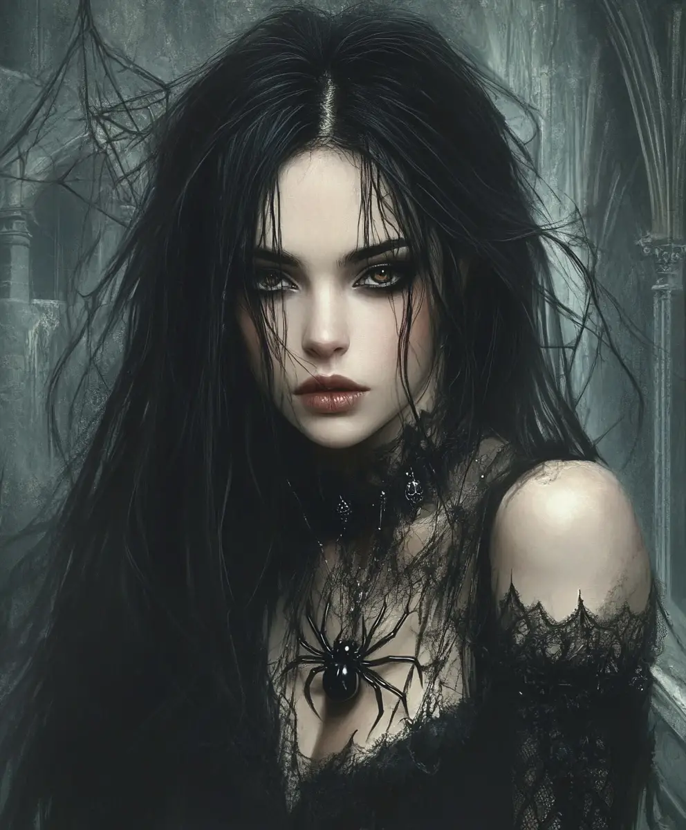 Dark fantasy spider queen before a looming gothic castle