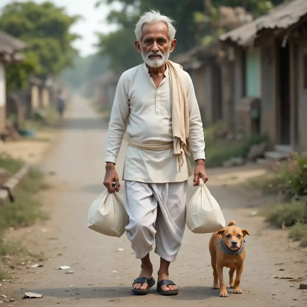 Elderly man carrying groceries on a quiet village road