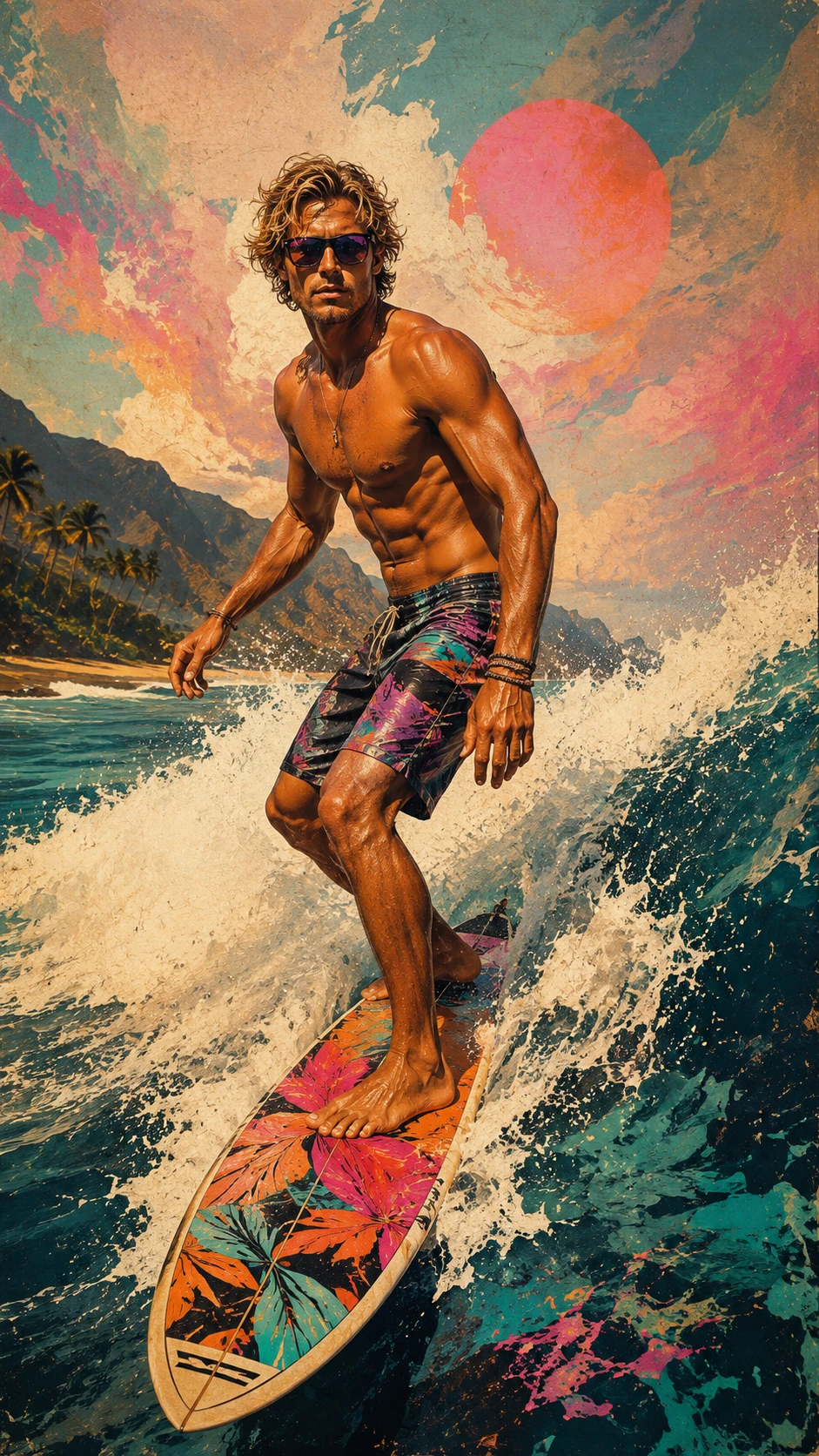 Surfista masculino atlético cabalgando una ola en arte digital