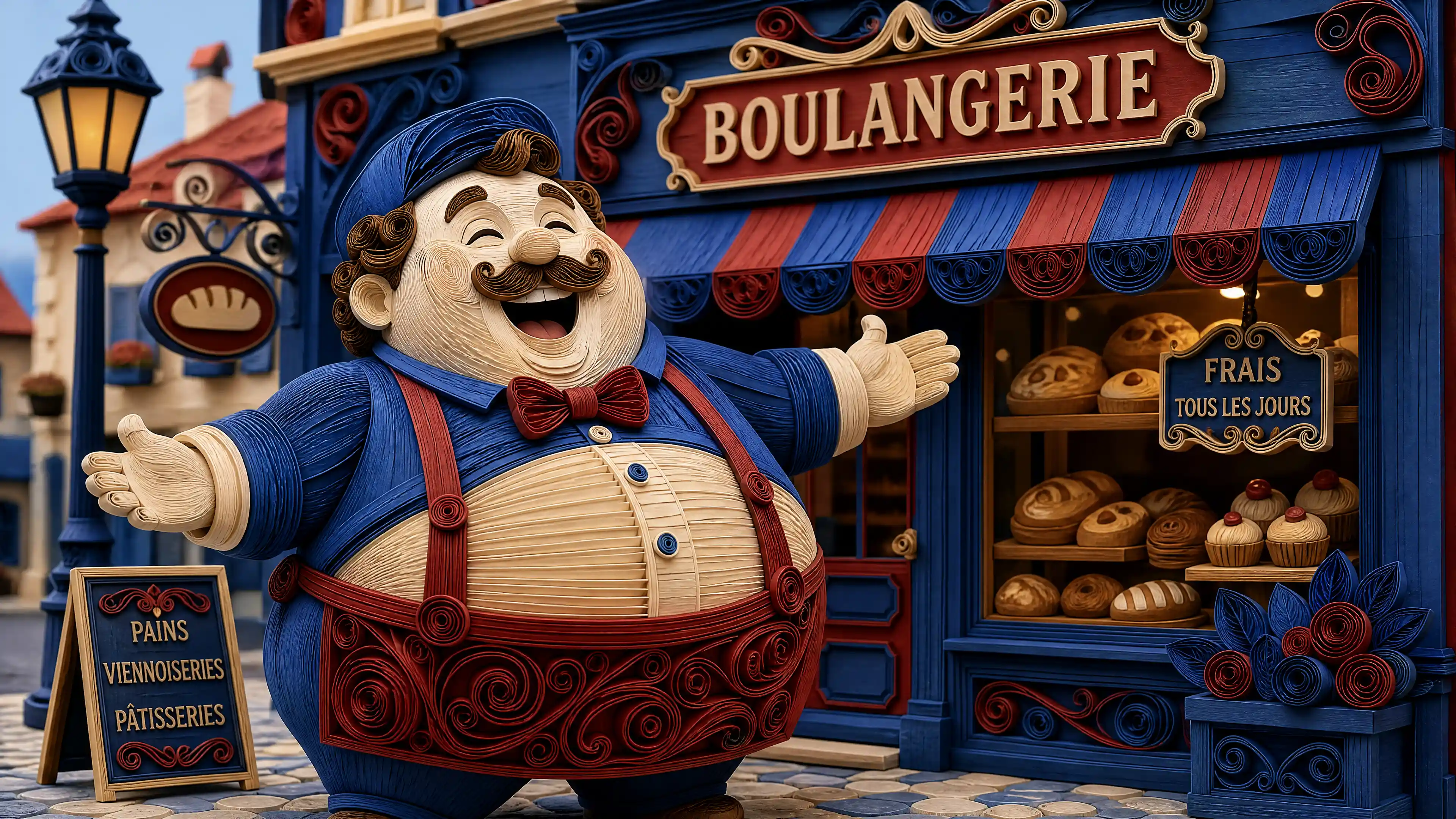 Happy paper man standing outside a colorful bakery