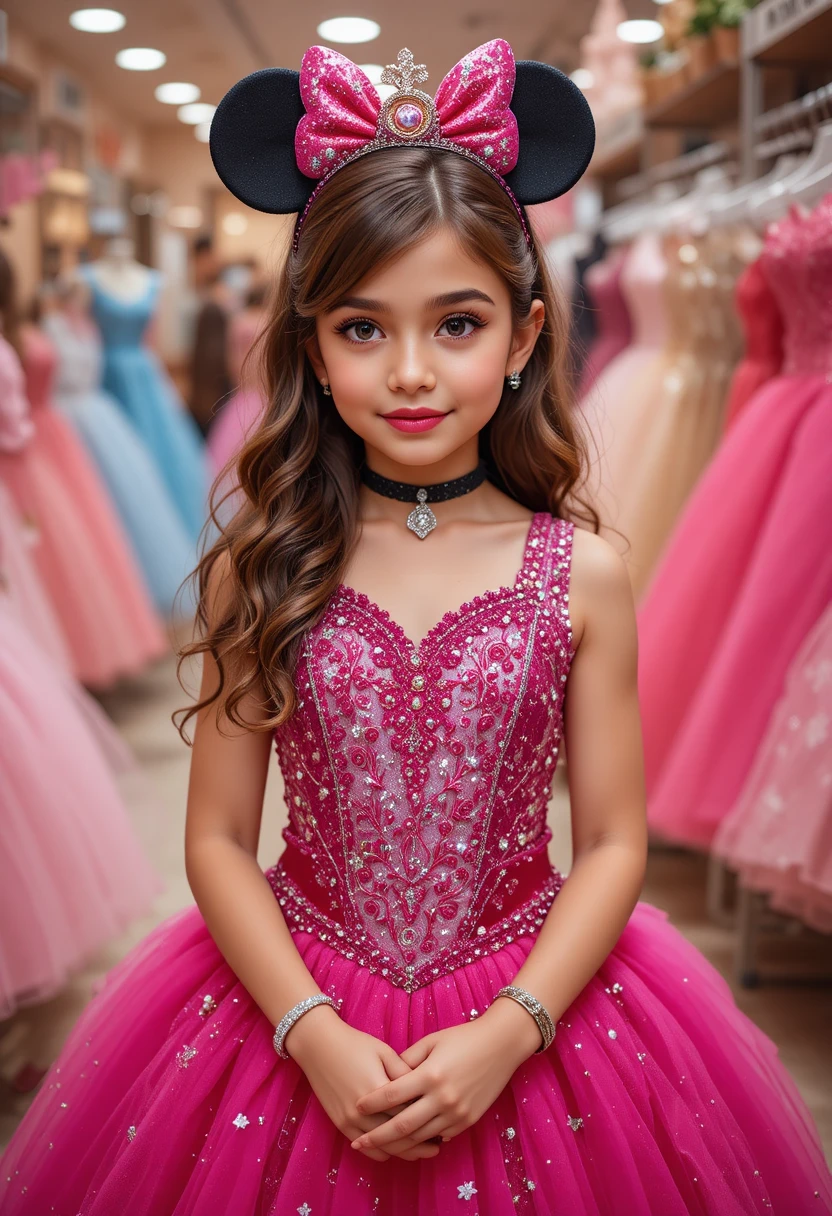 Young girl in hot pink Minnie dress at Disney boutique