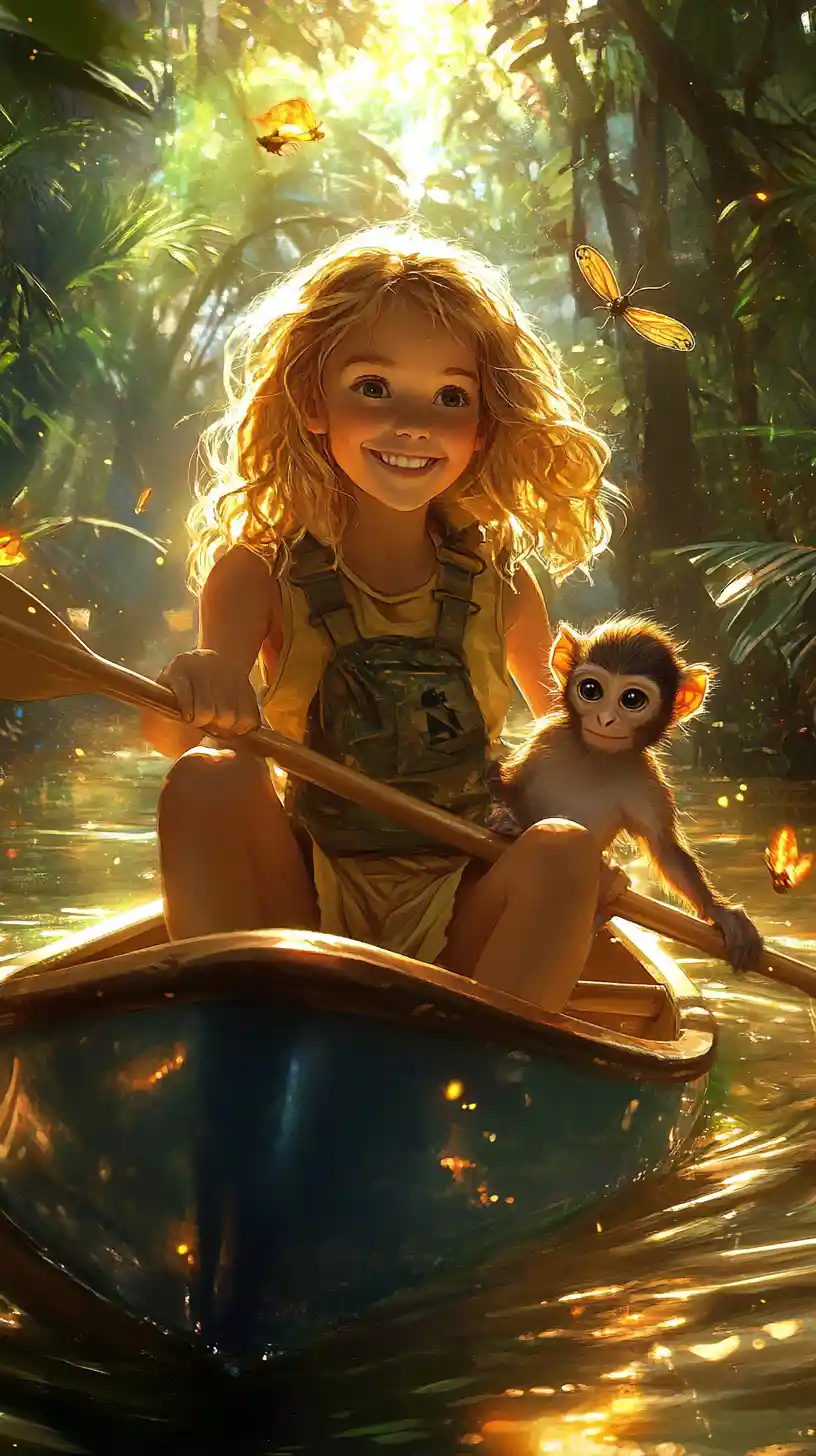 Young girl paddling a canoe on a sunlit jungle river