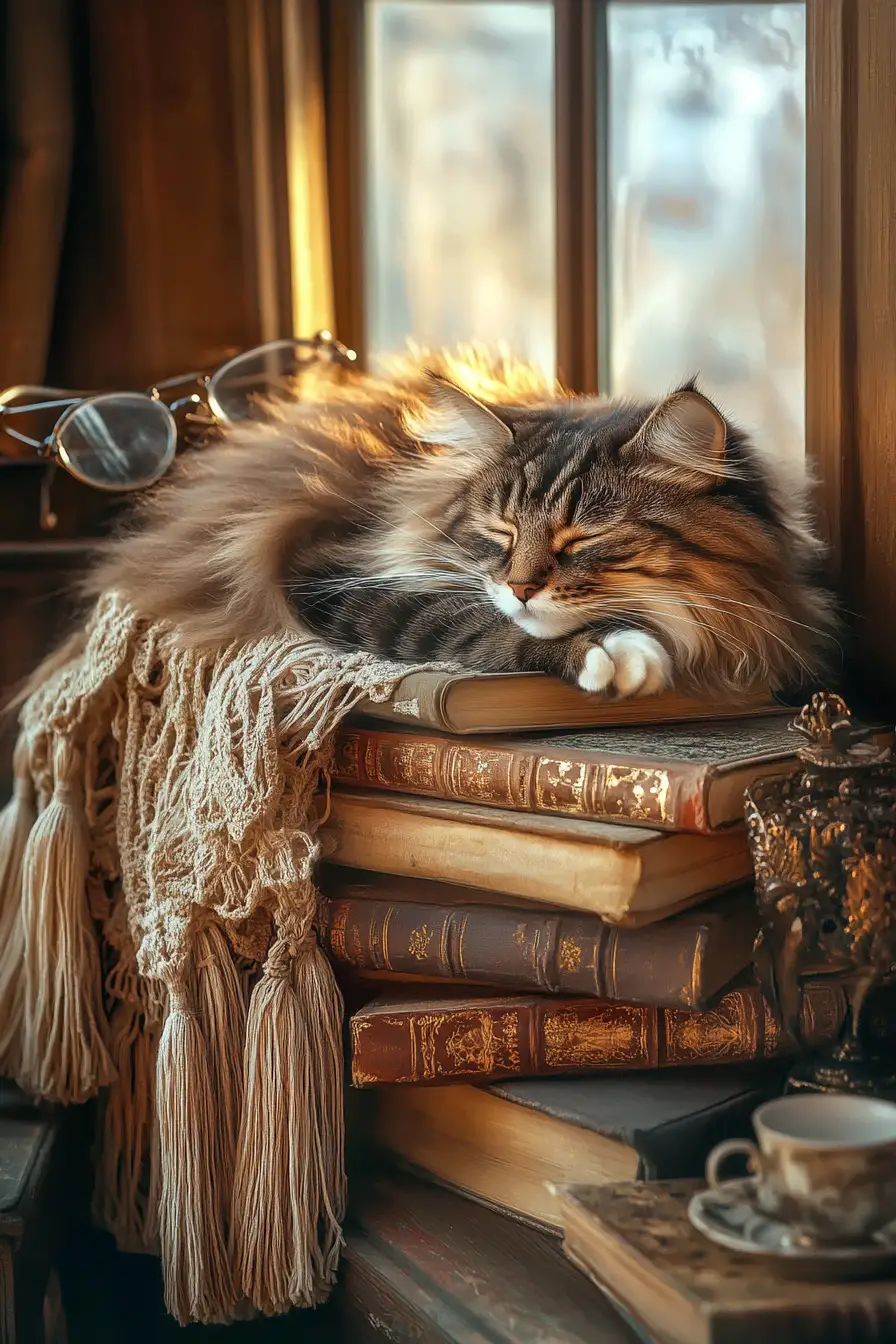 Sleeping cat on vintage books by a softly glowing window