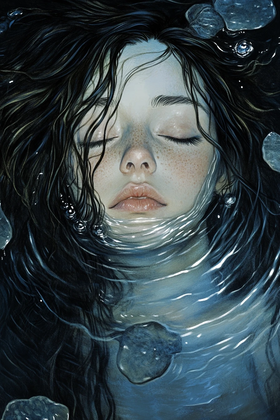 Peaceful woman floating with closed eyes on calm water