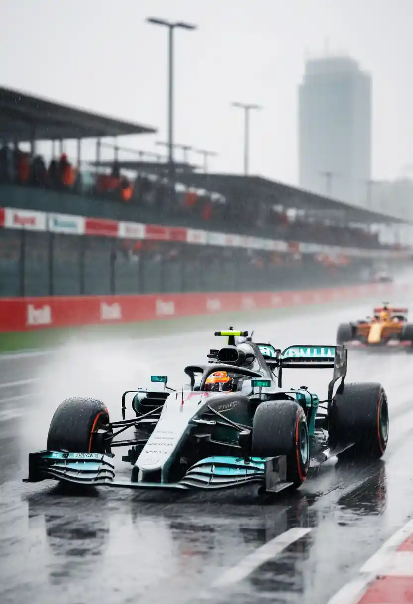 Formula 1 racecars speeding through a rainy city circuit