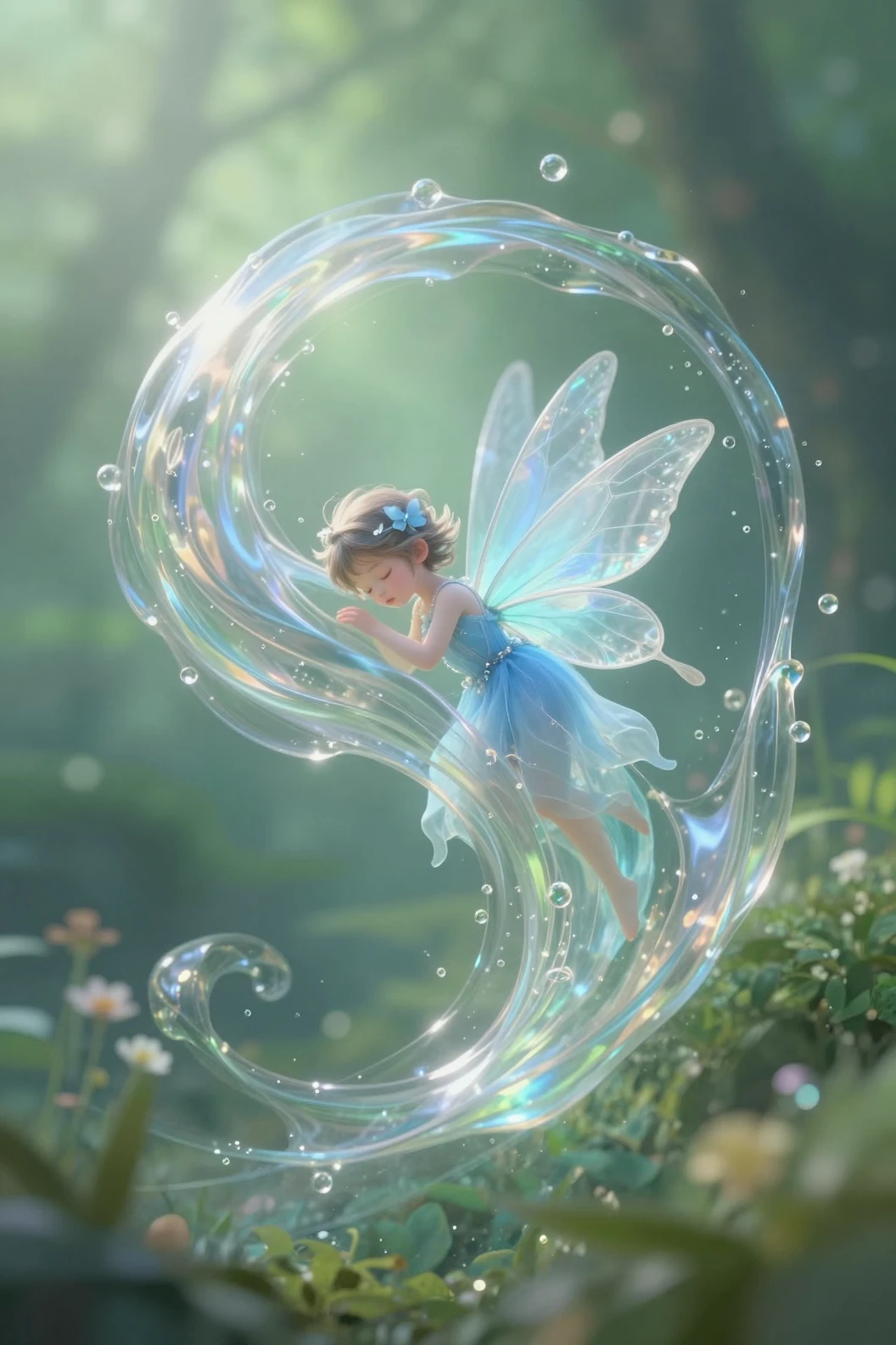 Sleeping blue fairy floating inside swirling liquid form