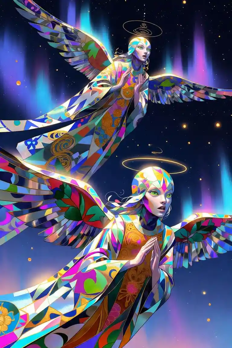 Two luminous aliens floating in an aurora filled midnight sky