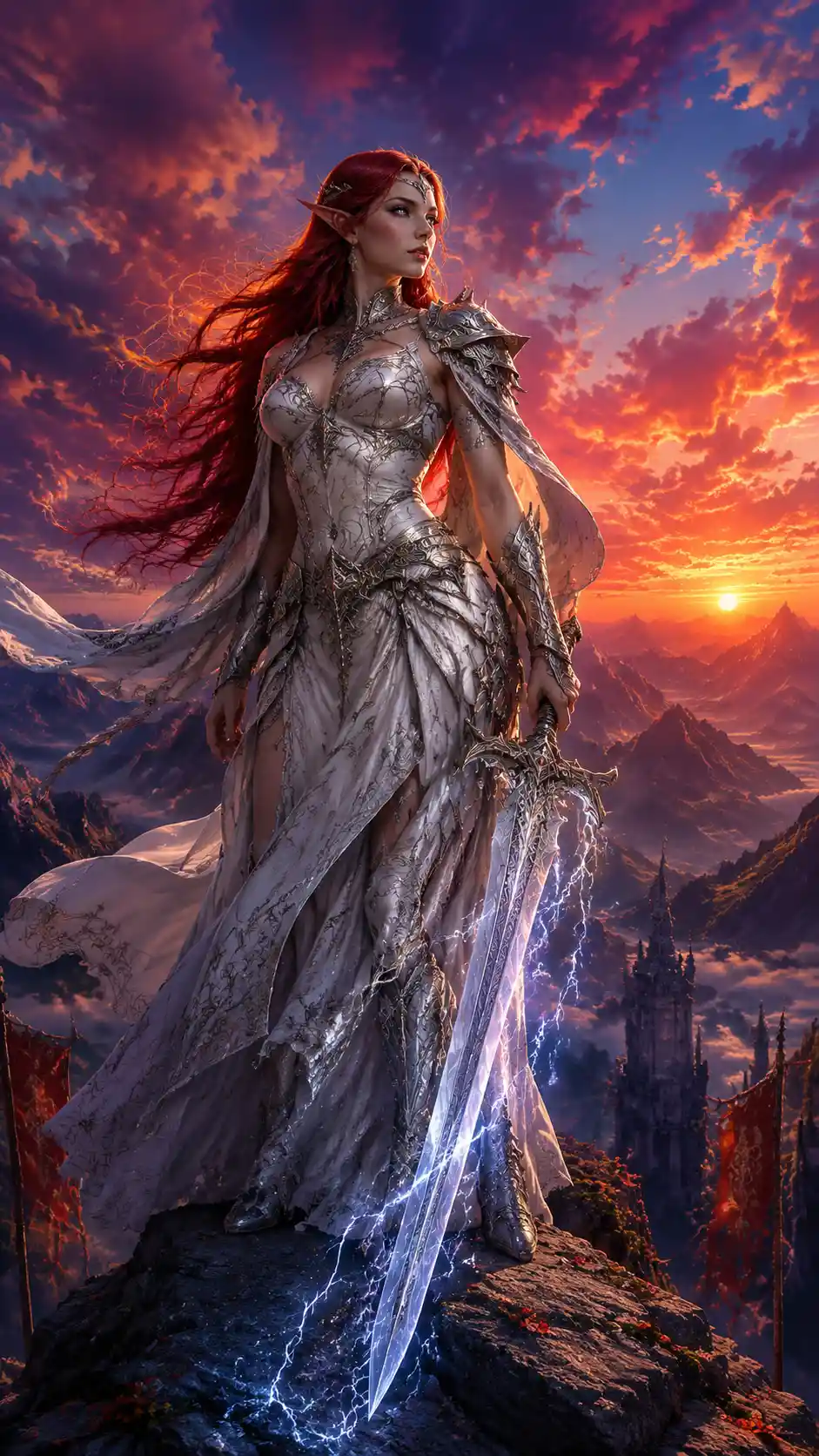 Red haired elf warrior on a mountain at sunset