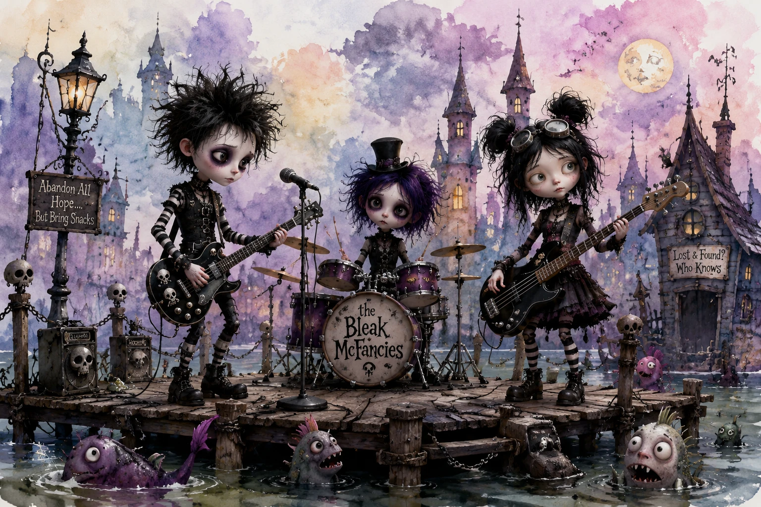 Quirky gothic band playing in a whimsical watercolor world