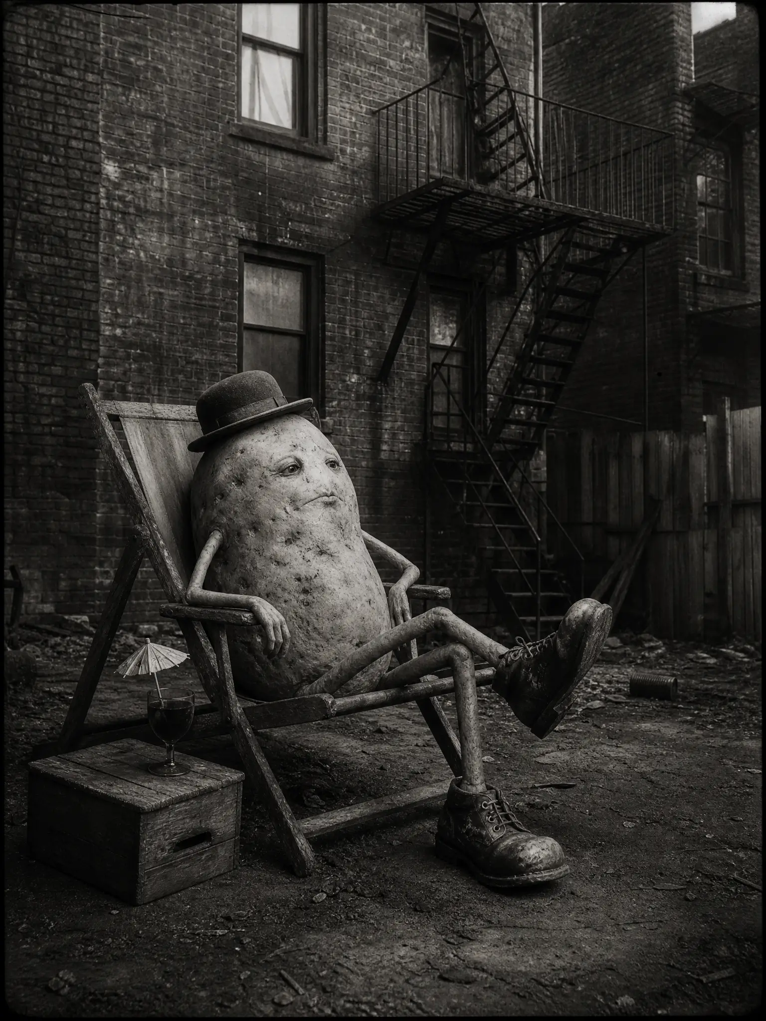 Melancholic potato figure in a vintage backyard scene