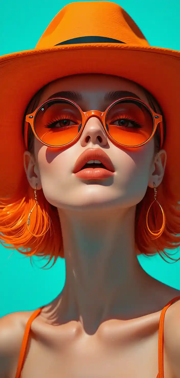Stylish girl in orange hat and sunglasses on turquoise background