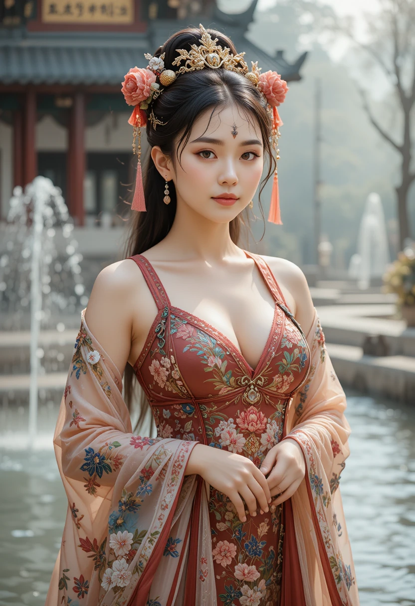 Elegant oiran woman in 1800s bathing suit by a fountain