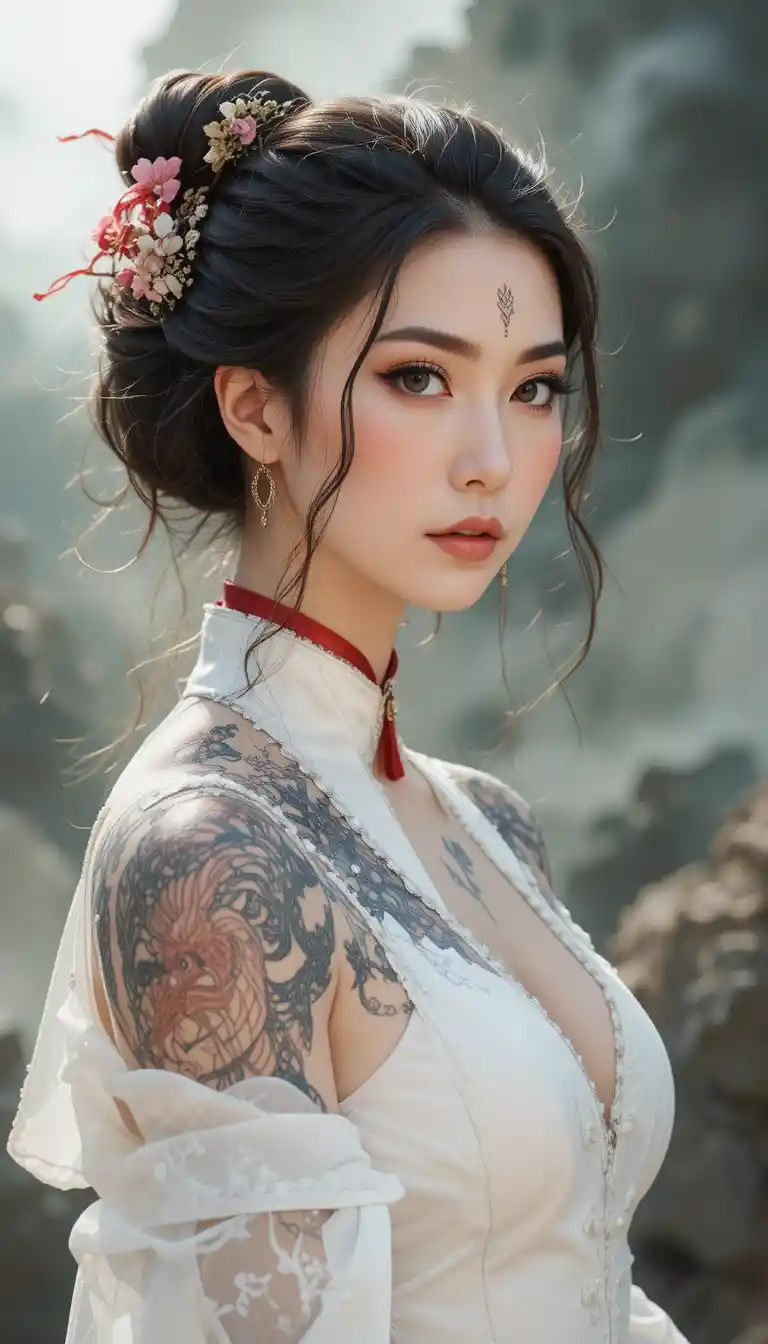 Asian woman in white with dragon back tattoo