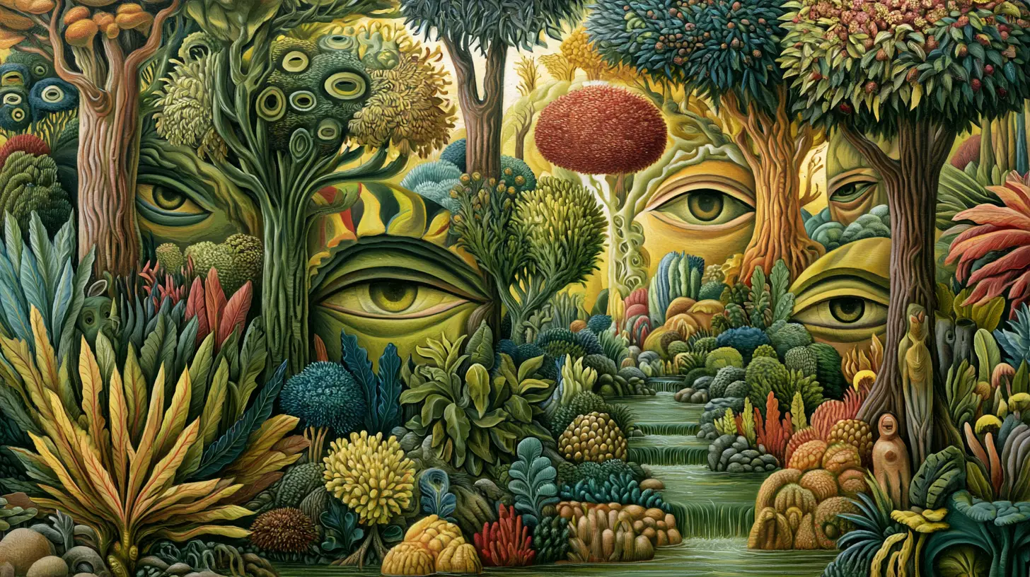 Hallucinatory humanoid beings in a conscious fantasy forest