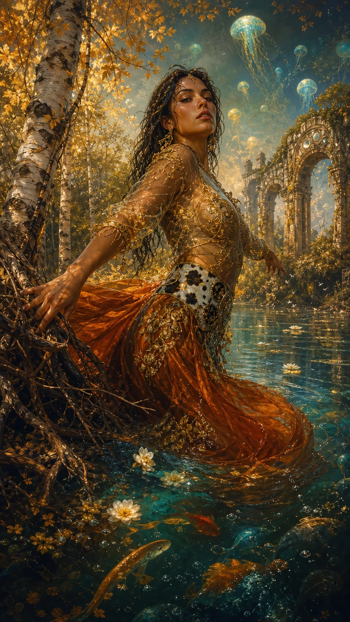 Latina dancer between land and water in fantasy light