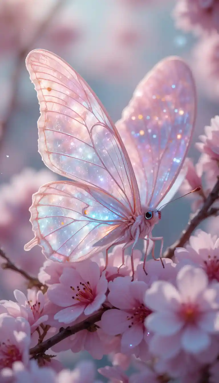 Magical butterfly on cherry blossoms in dreamy spring light
