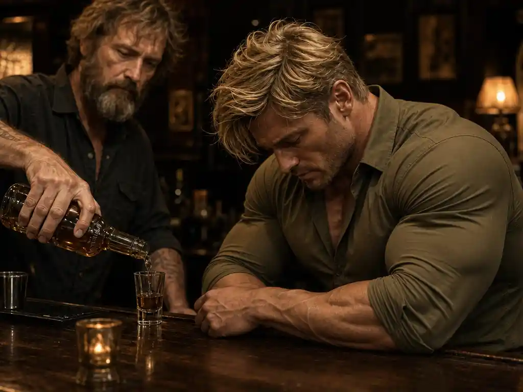 Muscular blonde man standing in a bar interior