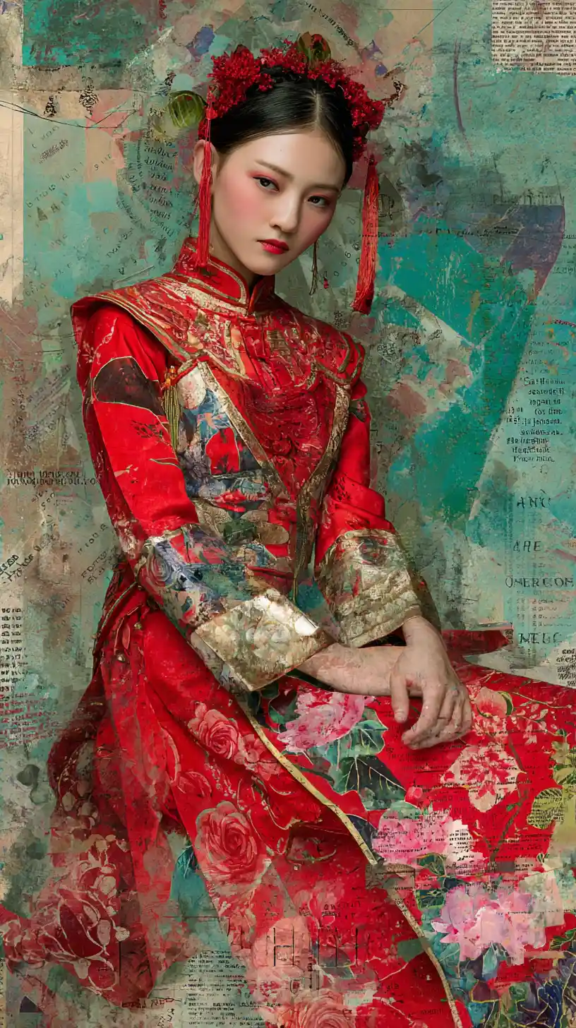 Elegant opera inspired asian woman in red costume portrait