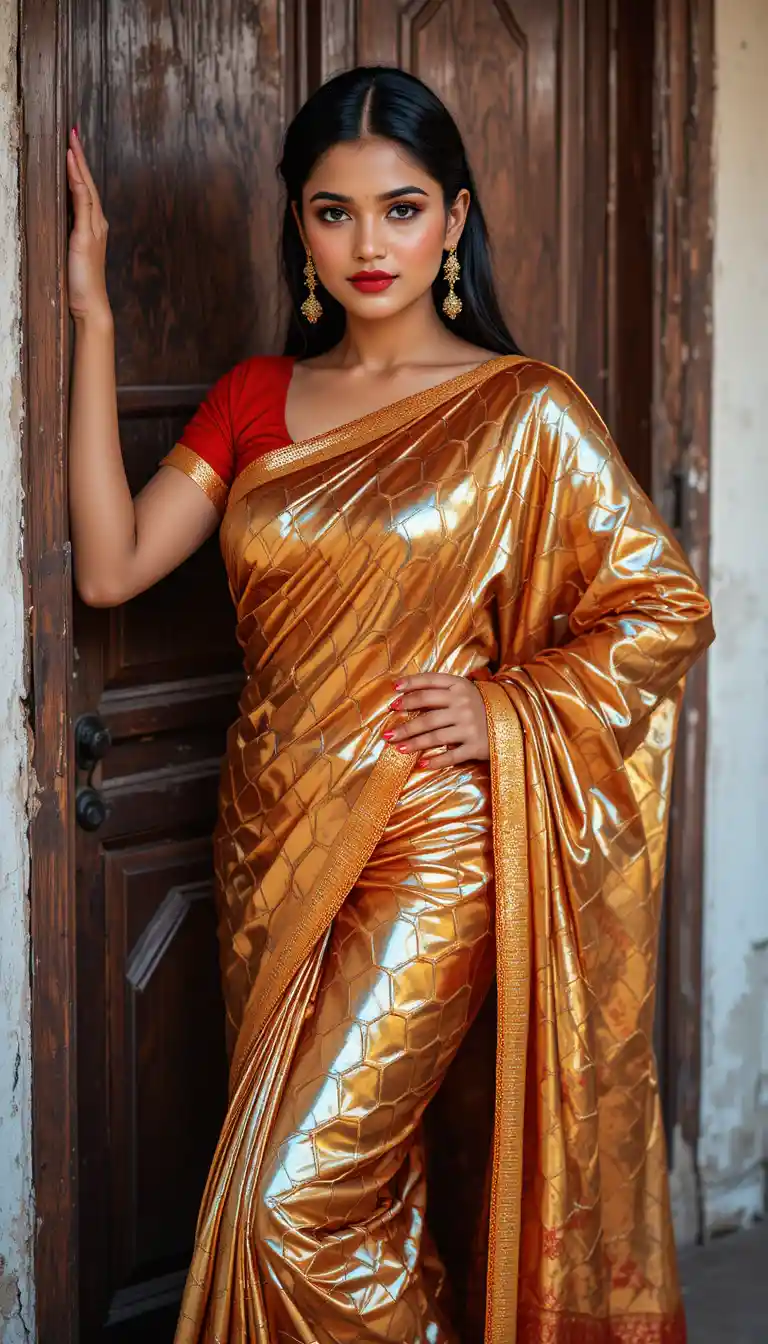 Confident woman in glossy patterned saree full body pose