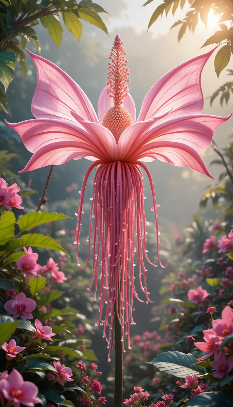 Pink bat flower blooming in dreamy tropical garden