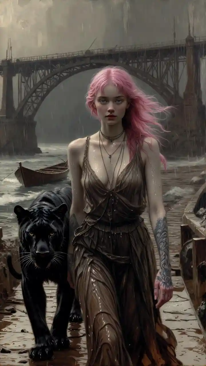 Pink haired woman and black panther on a misty coast