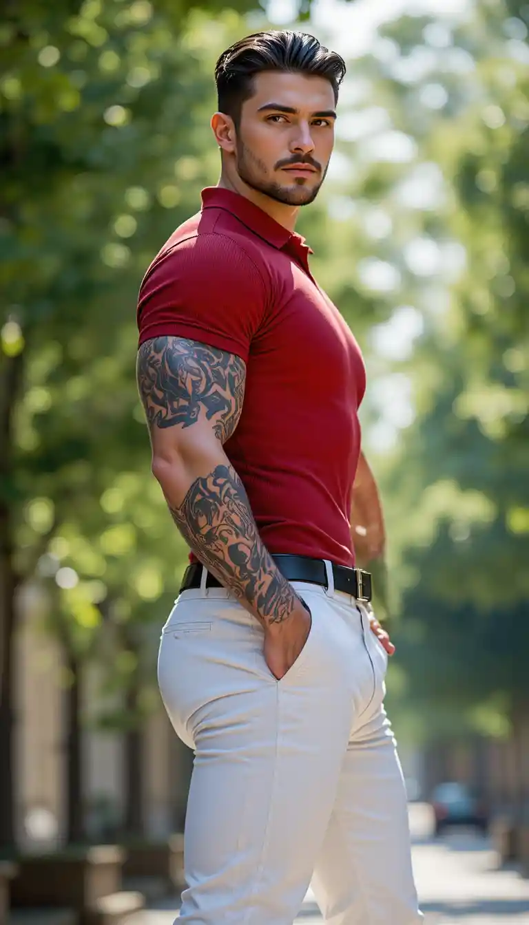 Confident Irish man in red polo standing in natural light