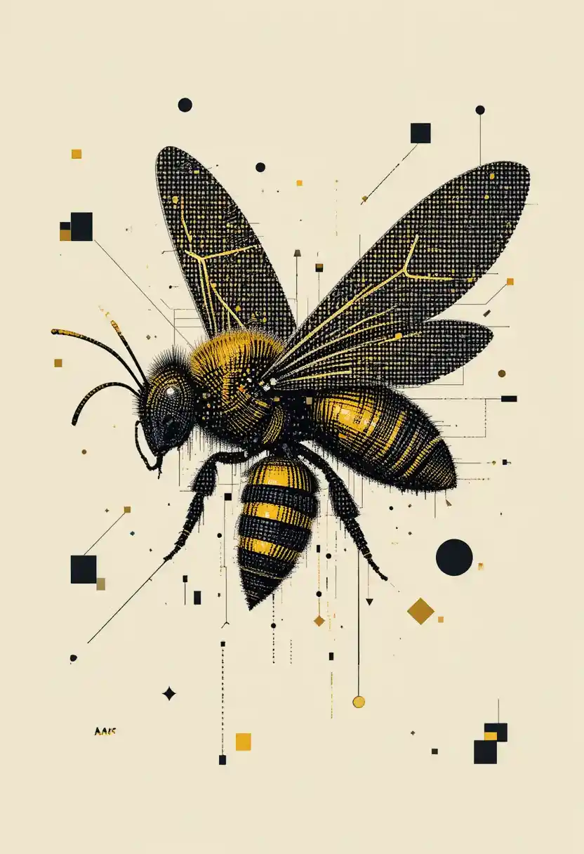 Geometric Digital Bee With Glitch Effects On Cream Background