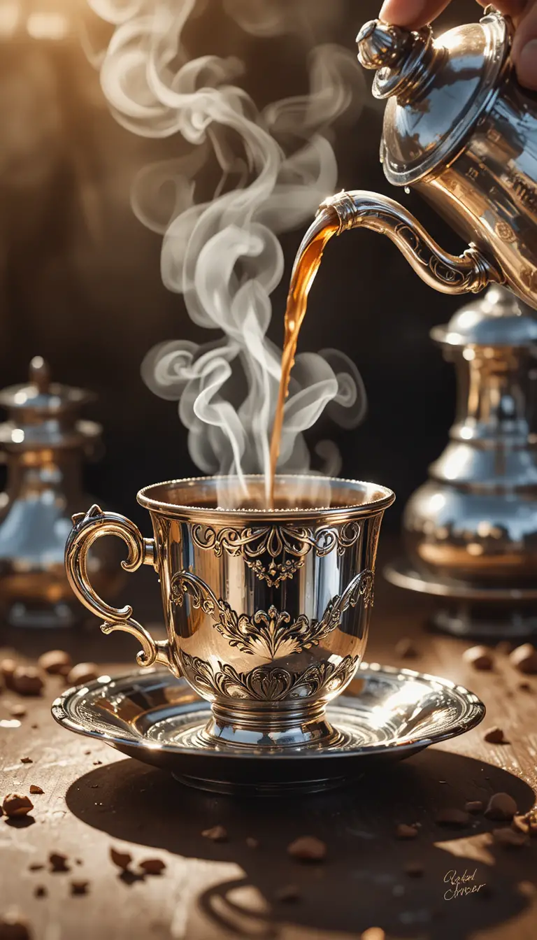 Watercolor of Turkish coffee poured into ornate silver cup