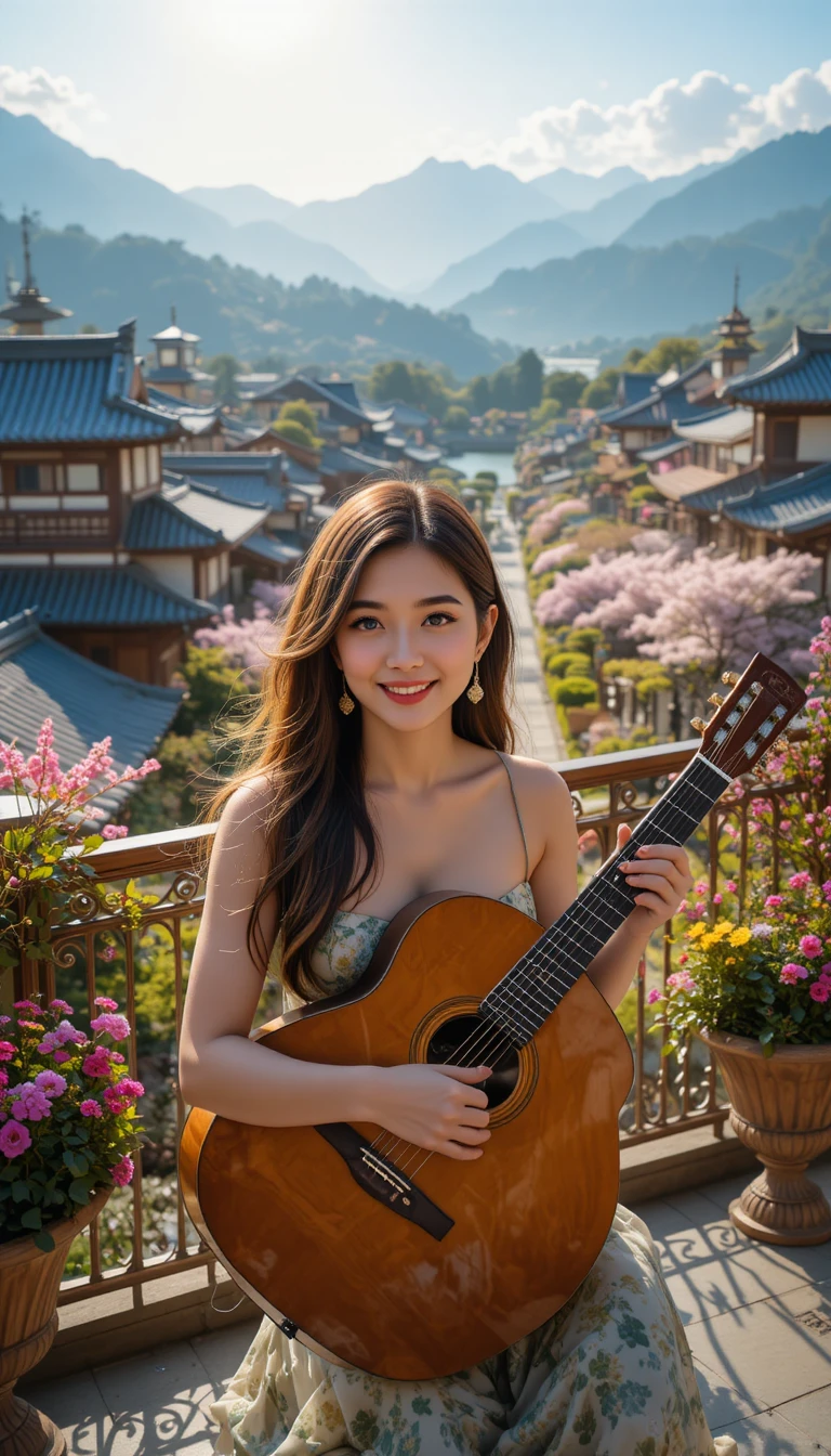 Young woman with guitar on a flower filled balcony